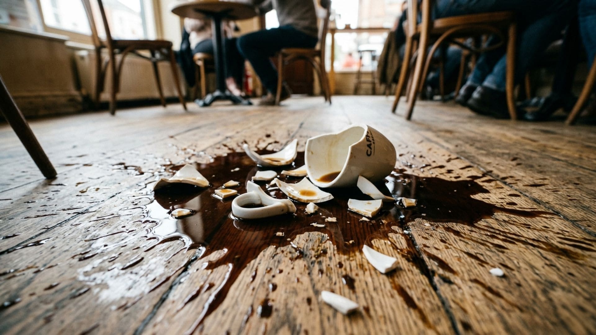 A shattered ceramic coffee cup lying in a puddle of spilled coffee on a wooden café floor, with blurred customers sitting in the background.