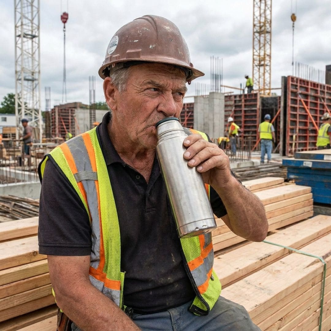 A tired construction worker in a hard hat and high-visibility vest drinking directly from a metal thermos during a break on a busy construction site, representing the reality of old, lukewarm coffee made hours earlier.