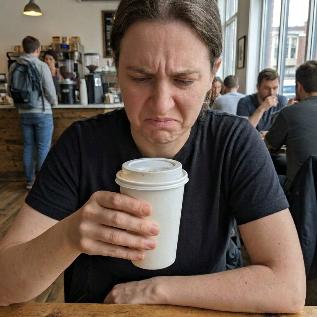 A woman at a coffee shop table grimacing in disappointment while holding a takeaway cup, suggesting dissatisfaction with expensive coffee shop coffee.