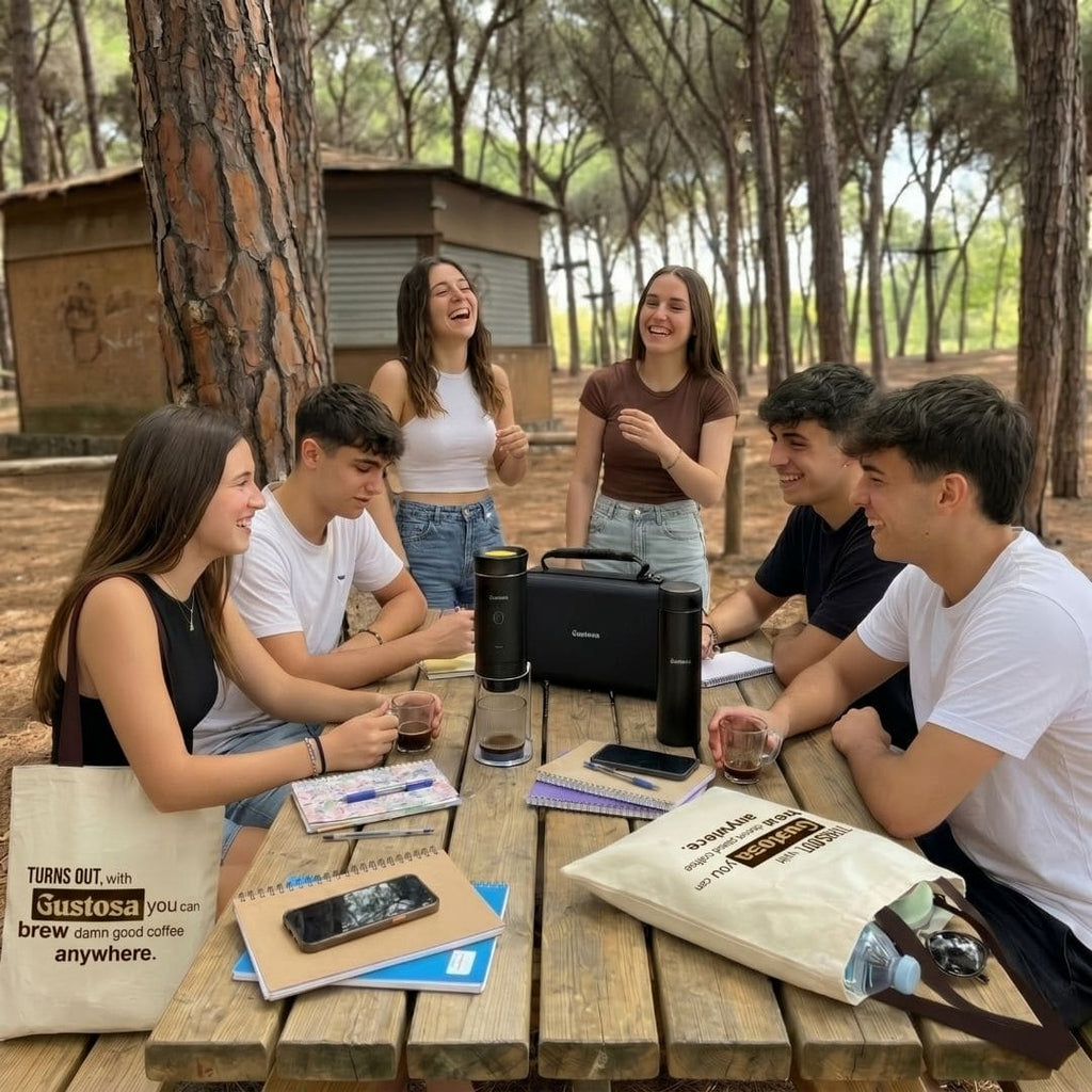 Six smiling young people gathered around a wooden picnic table in a pine forest, with MyGustosa portable espresso maker and Gustosa Bag on the table, espresso cups in hand and Gustosa branded shopper bags visible, capturing the social and portable coffee experience.