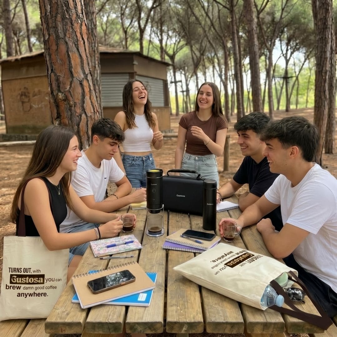 Six smiling young people gathered around a wooden picnic table in a pine forest, with MyGustosa portable espresso maker and Gustosa Bag on the table, espresso cups in hand and Gustosa branded shopper bags visible, capturing the social and portable coffee experience.