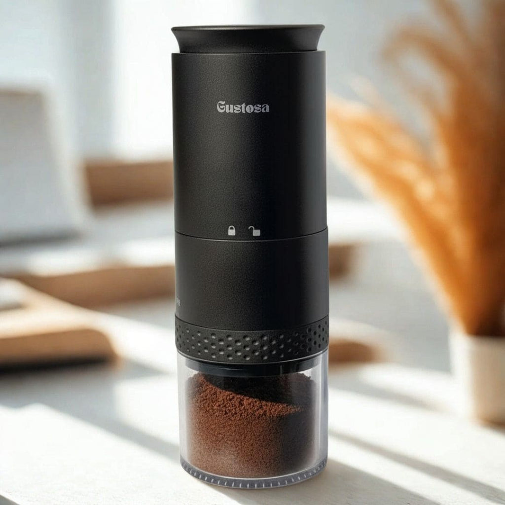 The Gustosa Electric Coffee Grinder in matte black on a white surface in a bright, warm home environment, with the transparent bottom chamber filled with freshly ground coffee, showcasing the compact design and grinding result.