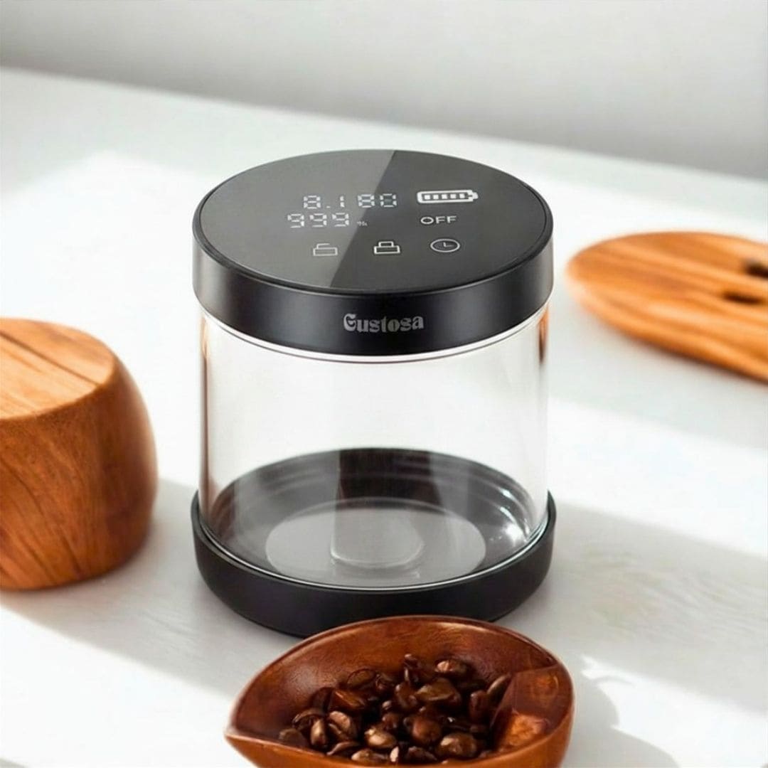 The Gustosa Electric Vacuum Container empty on a white surface, showing the clear borosilicate glass body and smart LED lid with vacuum status display, highlighting the premium materials and design.