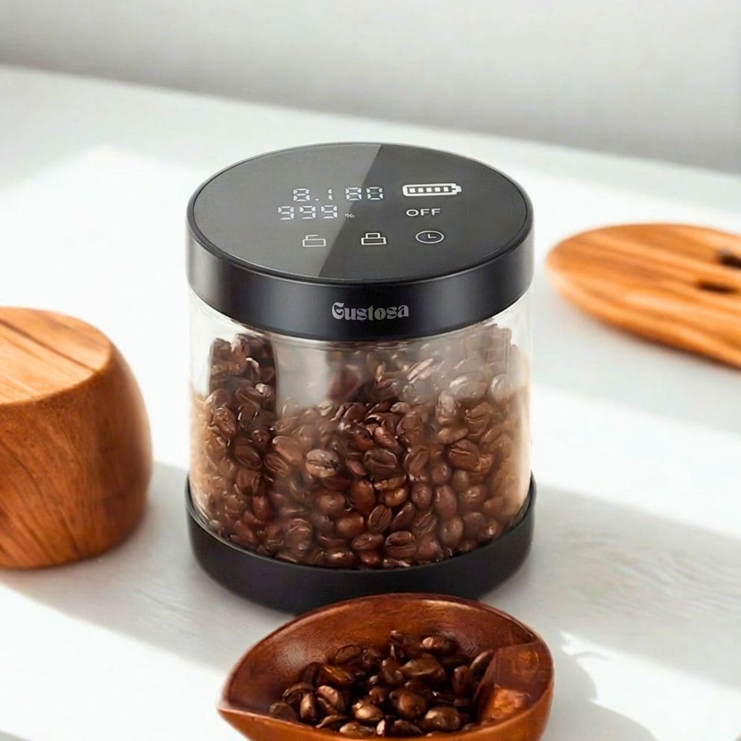 The Gustosa Electric Vacuum Container filled with whole coffee beans on a white surface surrounded by wooden accessories, with the smart LED lid showing vacuum status, battery level and timer settings.