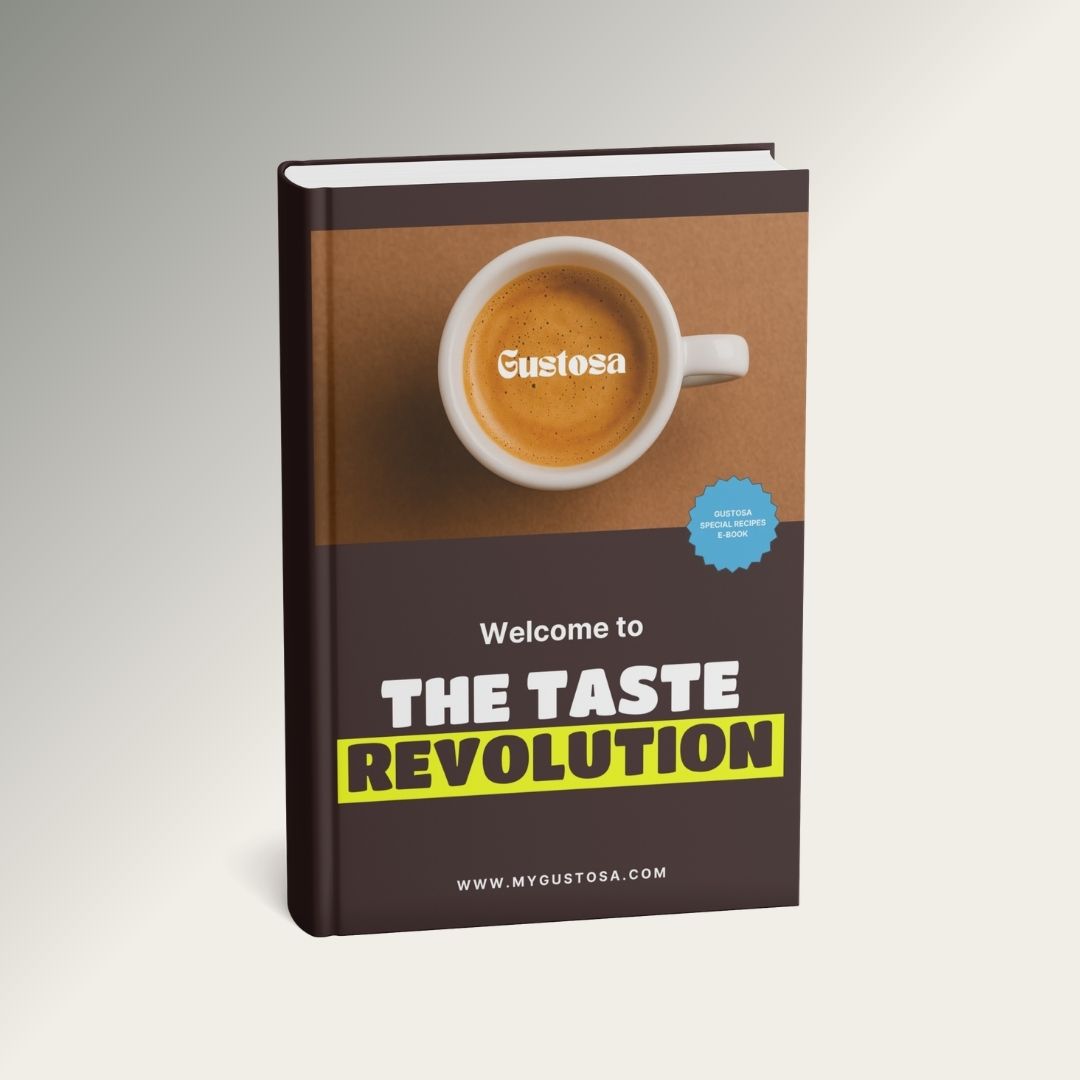 Book titled 'The Taste Revolution' with a Gustosa coffee cup on the cover against a gray background