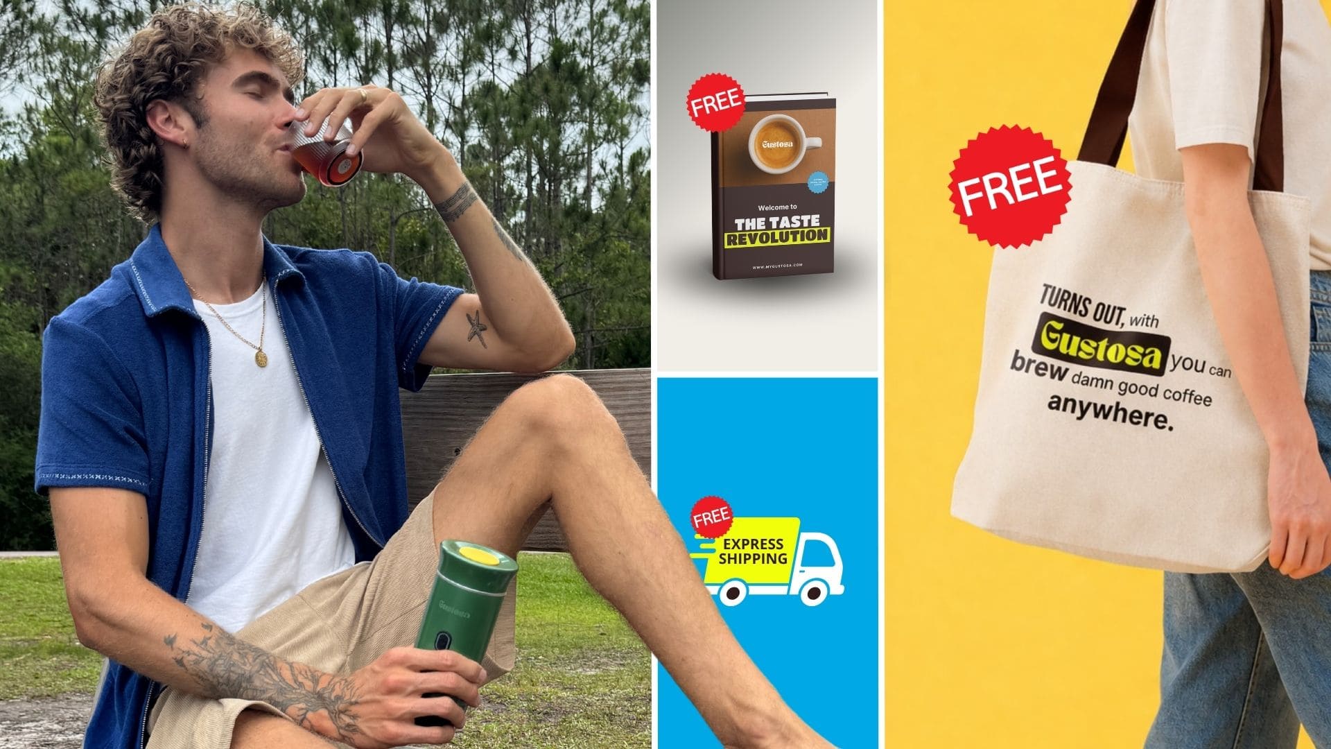 A collage showing a man enjoying coffee outdoors with MyGustosa coffee maker in forest green, alongside the 3 free gifts included with every purchase: The Ultimate Coffee Playbook ebook, free express shipping, and the Gustosa branded canvas shopper tote bag, all marked with a FREE badge.