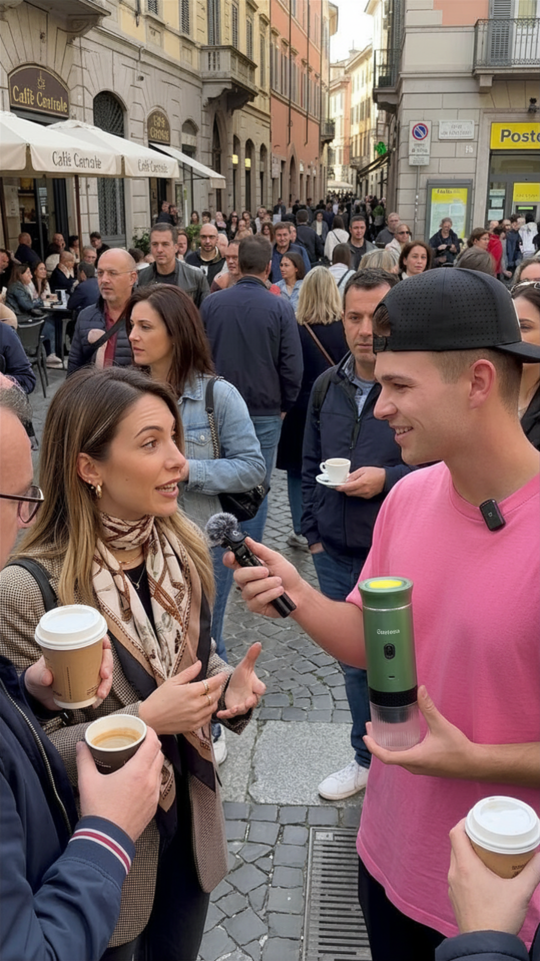 A team member holding a MyGustosa portable espresso maker interviews a woman on a busy street, surrounded by a crowd of people holding coffee cups, capturing the real-life research moment that revealed how many people settle for bad coffee every day.