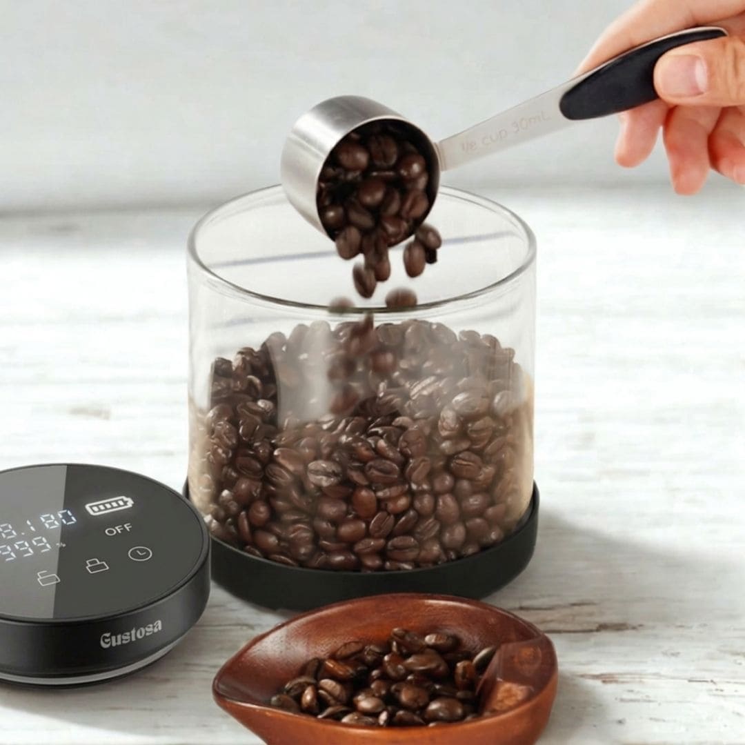 A hand pouring coffee beans from a stainless steel scoop into the open Gustosa Electric Vacuum Container, with the smart LED lid placed beside it showing the digital display, demonstrating ease of use and daily coffee routine.