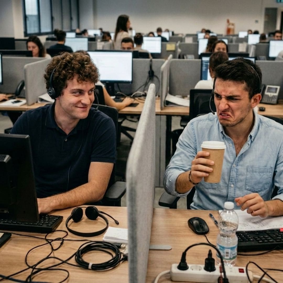 Two young men sitting at their desks in a busy call center office — one smiling, the other grimacing in disgust while holding a takeaway coffee cup, capturing the frustration of poor quality workplace coffee that inspired the creation of MyGustosa.