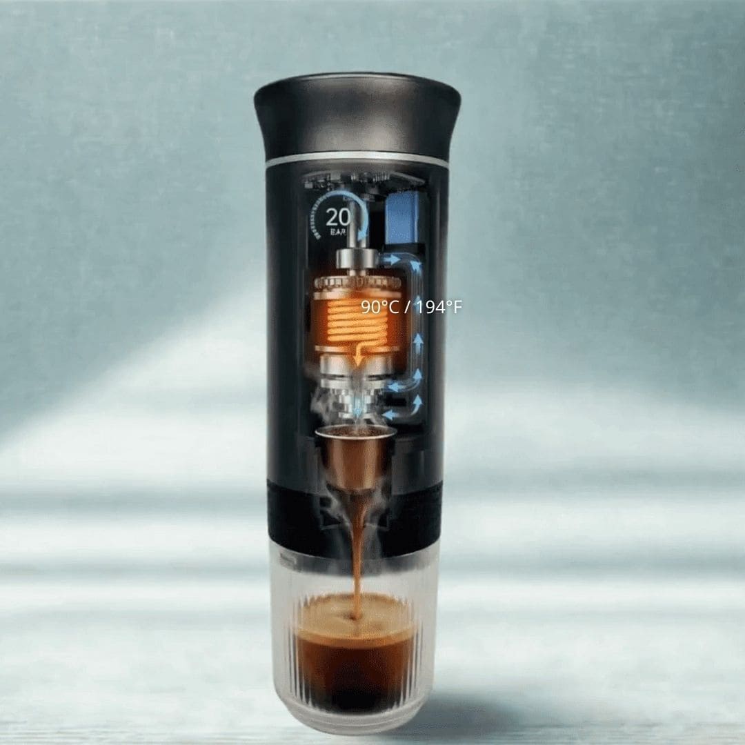 Coffee maker with a clear section showing the brewing process on a light blue background