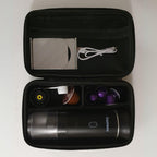 Open Gustosa bag showing portable coffee maker, charging cable, capsules, and accessories – compact and organized