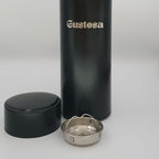 Black Gustosa smart thermos with removable stainless steel filter and lid – keeps water hot or cold for hours